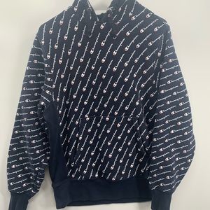 Mens Champion Blue Reverse Weave Pullover Hoodie "All Over Print" - Size Medium